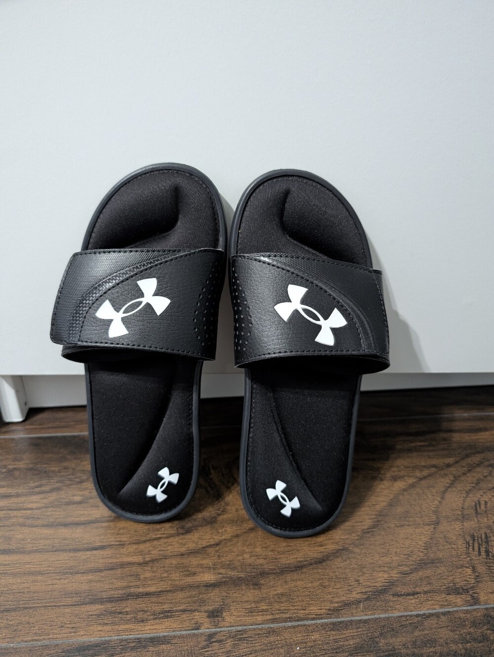 NWOT Under Armour Black Slide Sandals with White Logo